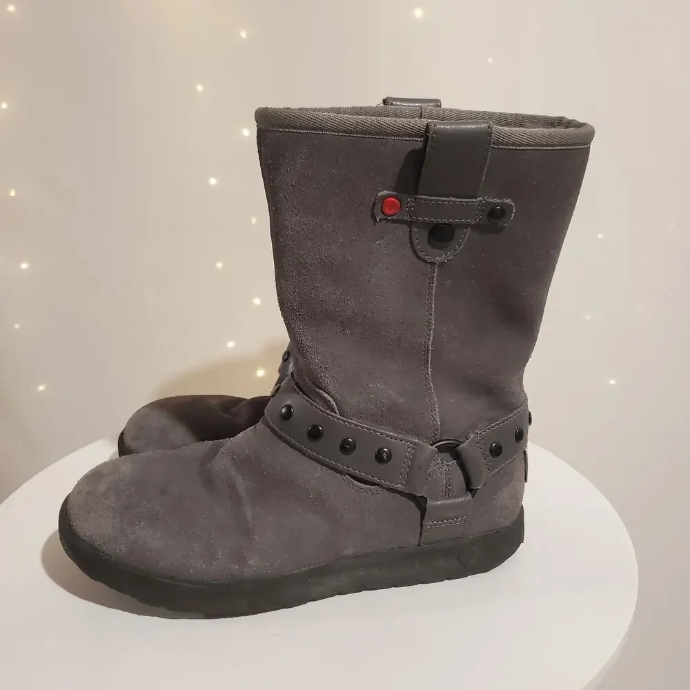 Ugg Heart Kids Suede Shearling Lined Mid Moto Boots Size 4 Gray Winter Leather